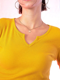 SASSAFRAS Women Mustard Yellow Ribbed Round Neck T-shirt