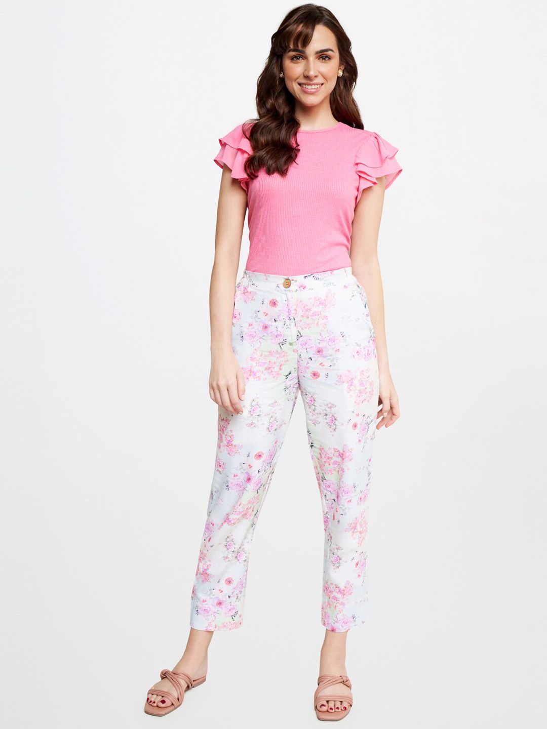 AND Women Floral Printed Tapered Fit Trousers