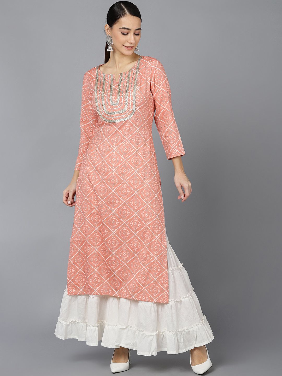 KALINI Bandhani Printed Notched Neck Gotta Patti Straight Kurta