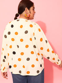 CURVY STREET Polka Dots Polka Dot Printed Smocked Shirt Style Top