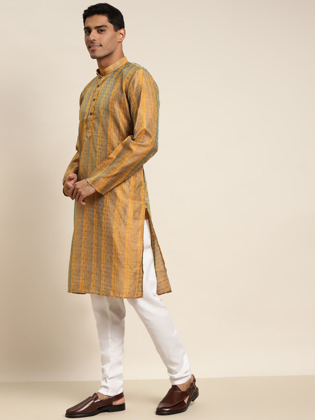 SOJANYA Lelaki Mustard Yellow & Brown Floral Thread Work Kurta
