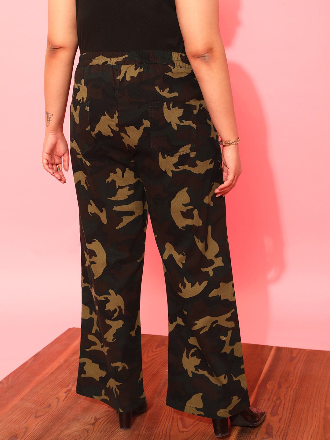 CURVY STREET Women Plus Size Olive Green Printed Relaxed Straight Leg Pure Cotton Trousers