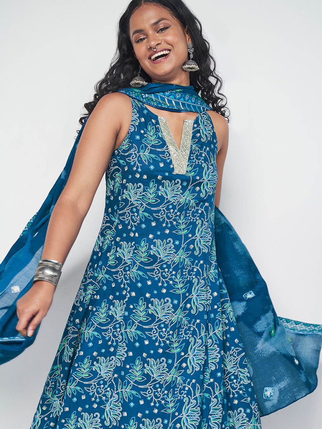 Global Desi V-Neck Floral Printed A-Line Kurta with Trouser & Dupatta