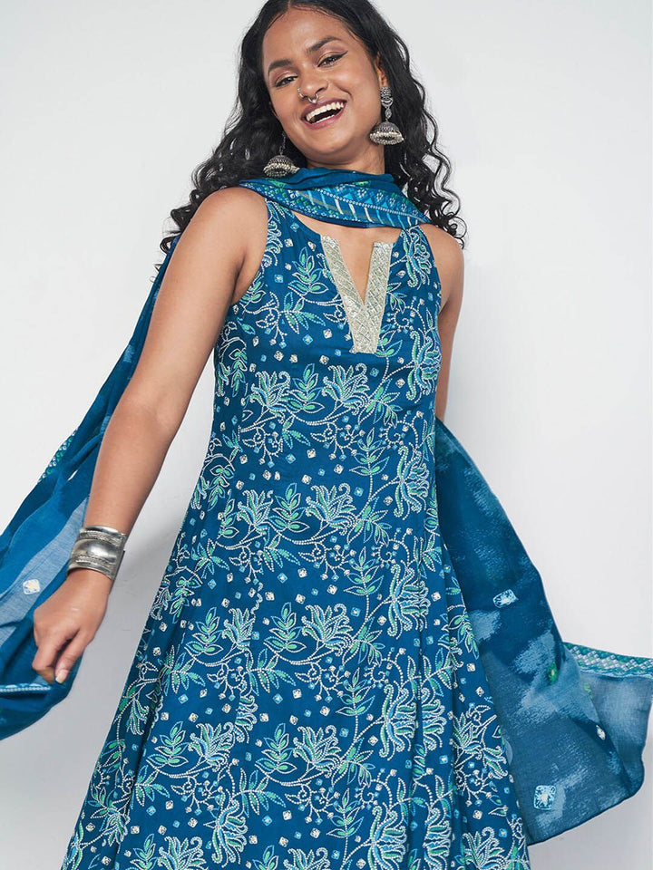 Global Desi V-Neck Floral Printed A-Line Kurta with Trouser & Dupatta