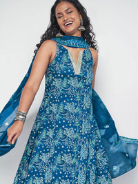 Global Desi V-Neck Floral Printed A-Line Kurta with Trouser & Dupatta