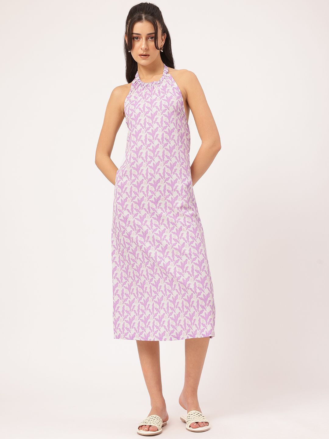 DressBerry Fairycore-Fashionable Printed Halter Neck Open-Back Sheath Midi Dress