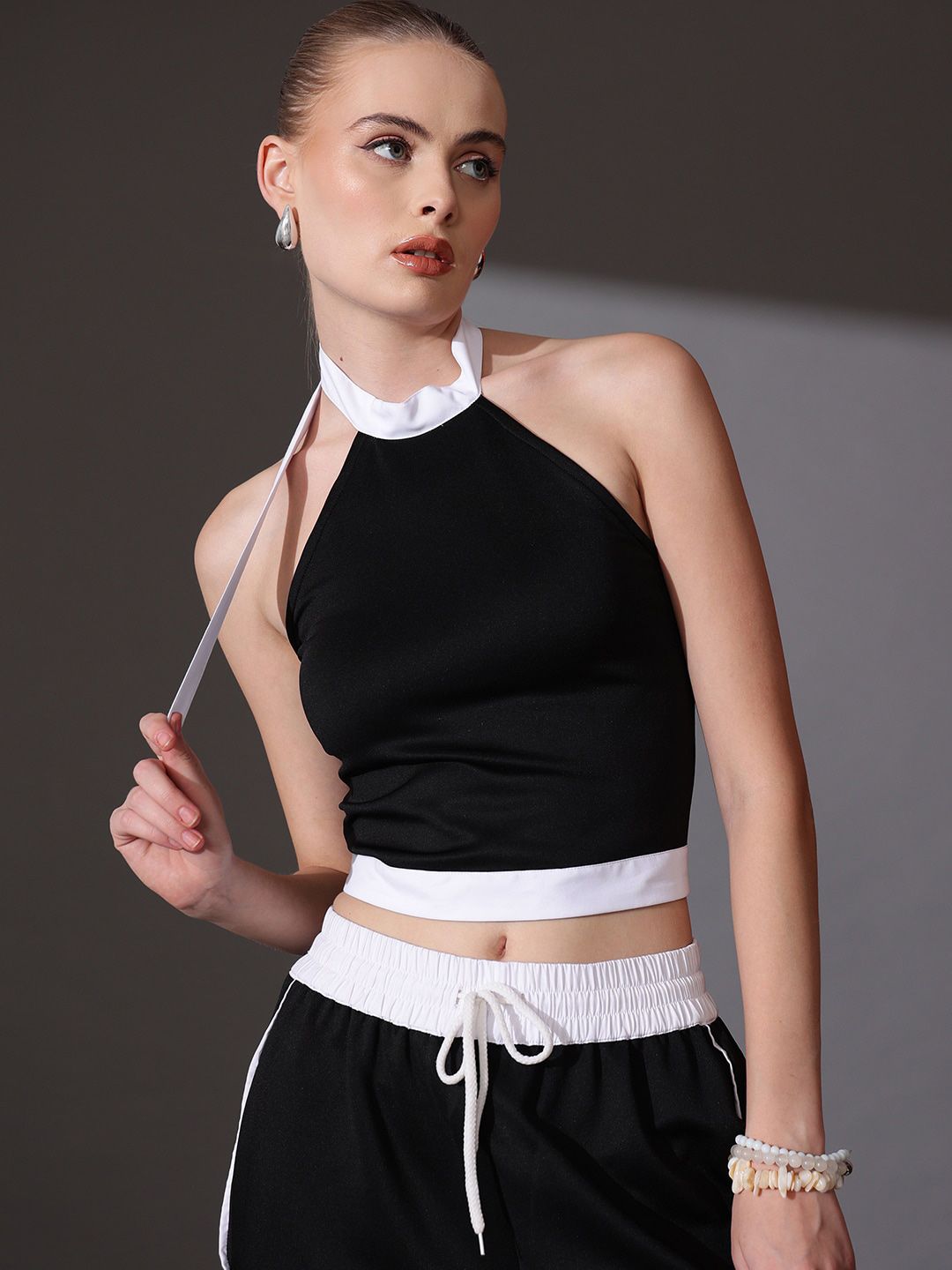 STREET 9 Pure Cotton Solid Halter Neck Top & Trousers Co-Ord Set