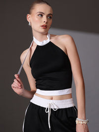 STREET 9 Pure Cotton Solid Halter Neck Top & Trousers Co-Ord Set