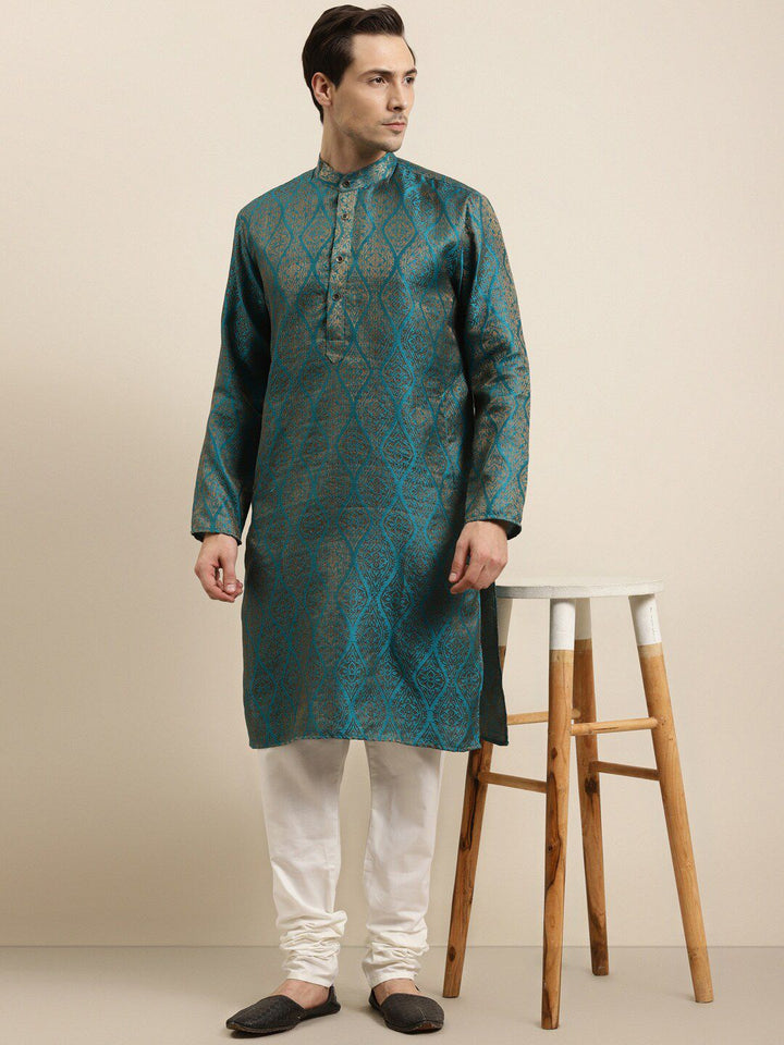 SOJANYA Men Teal Ethnic Motifs Regular Kurta with Churidar