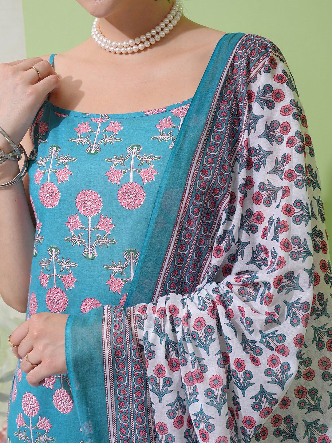 Vishudh Blue Floral Printed Pure Cotton Straight Kurta With Trousers & Dupatta