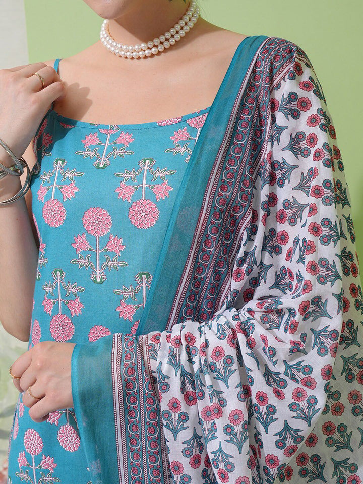 Vishudh Blue Floral Printed Pure Cotton Straight Kurta With Trousers & Dupatta