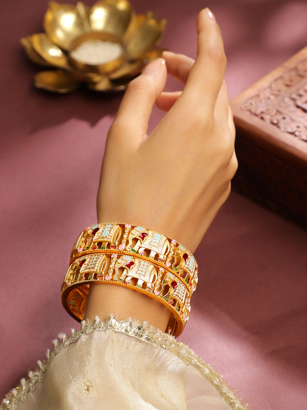 Rubans Set of 2 18K Gold-Plated Multicolor Enamel in Elephant Handcrafted Ethnic Bangles