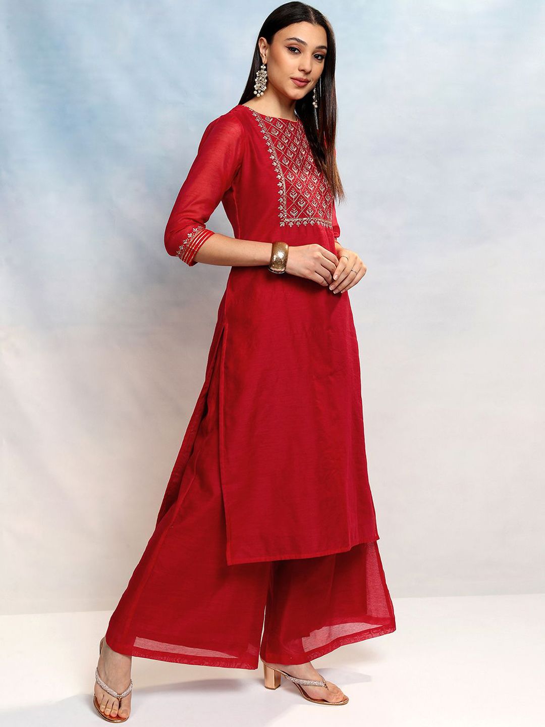 Vishudh Women Ethnic Motifs Embroidered Regular Thread Work Kurta with Palazzos