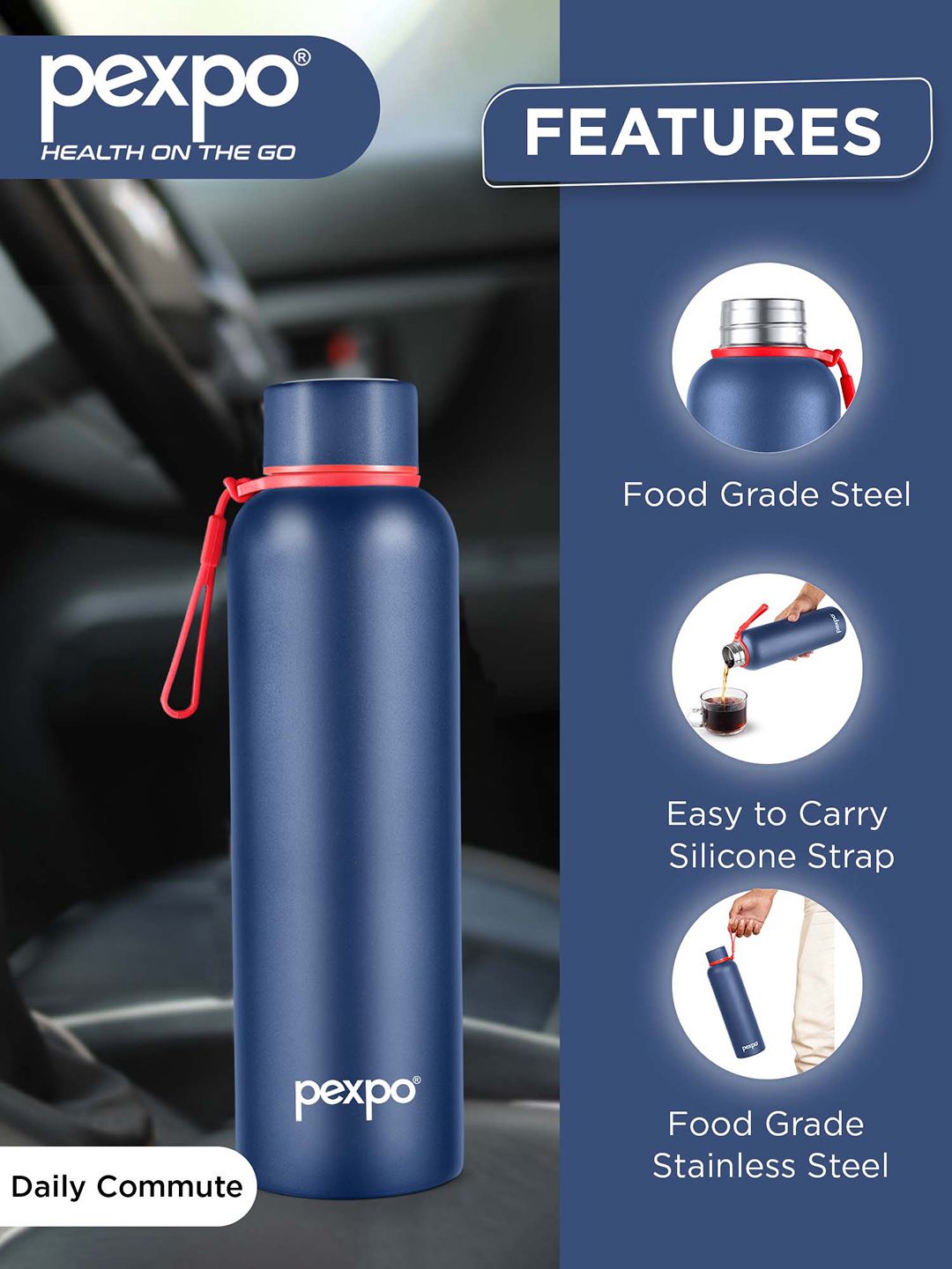 Pexpo Bravo Blue ISI Certified Thermosteel Hot and Cold flask Insulated Water Bottle 700ml