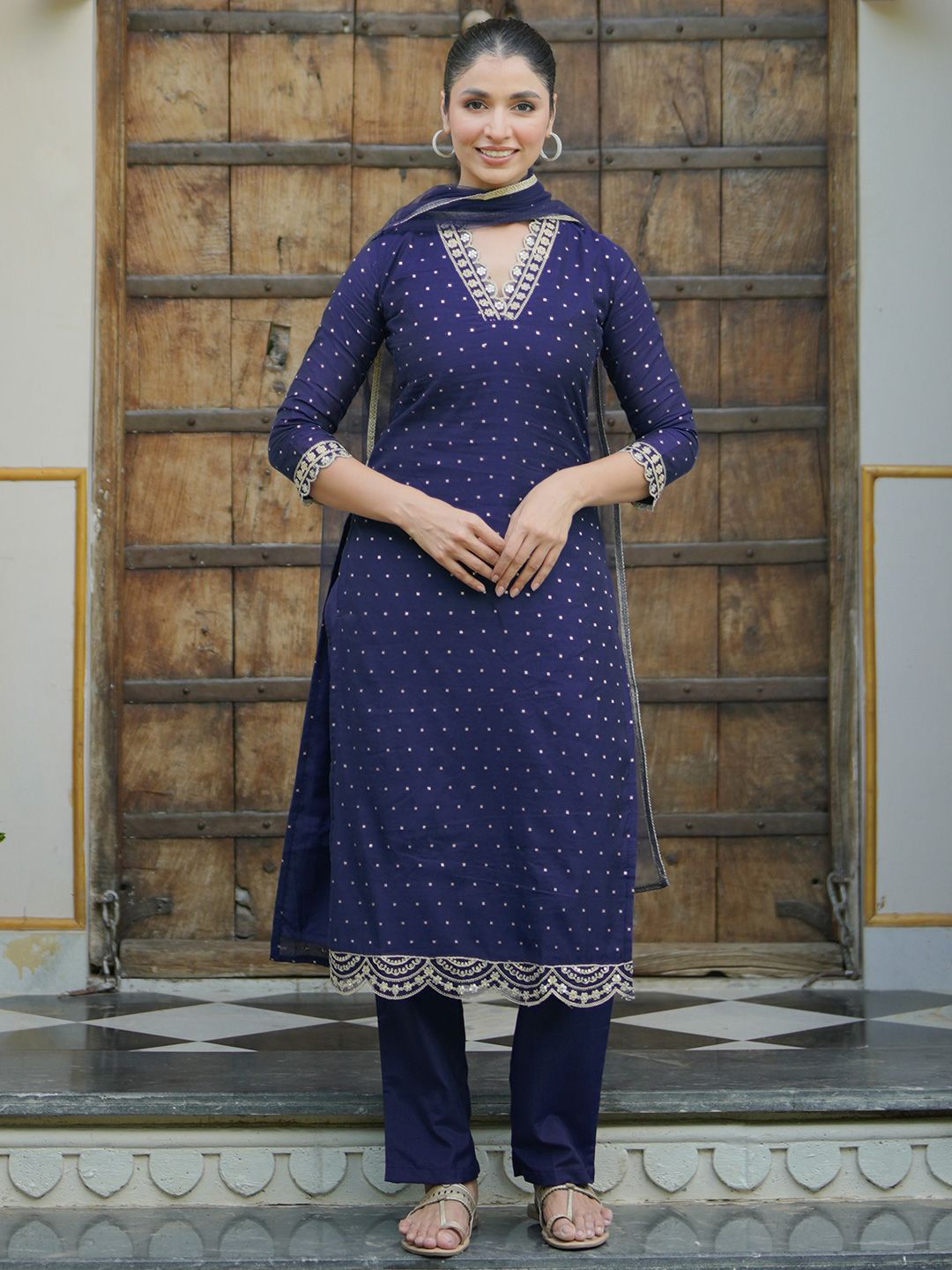 Libas Floral Yoke Design Straight Kurta & Trousers With Dupatta