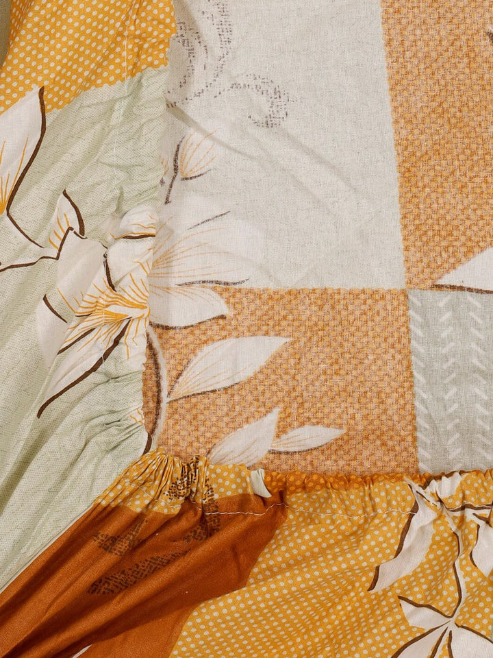 KLOTTHE Mustard-Yellow & White Floral-Printed 400TC Pure Cotton Fitted Double Bedsheet Set