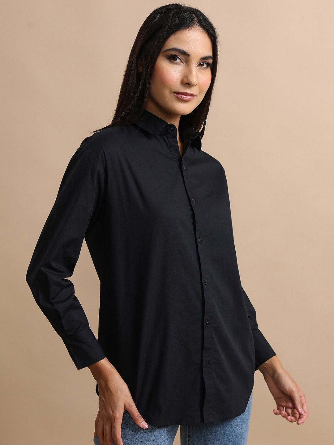 Tokyo Talkies Black Oversized Cotton Casual Shirt