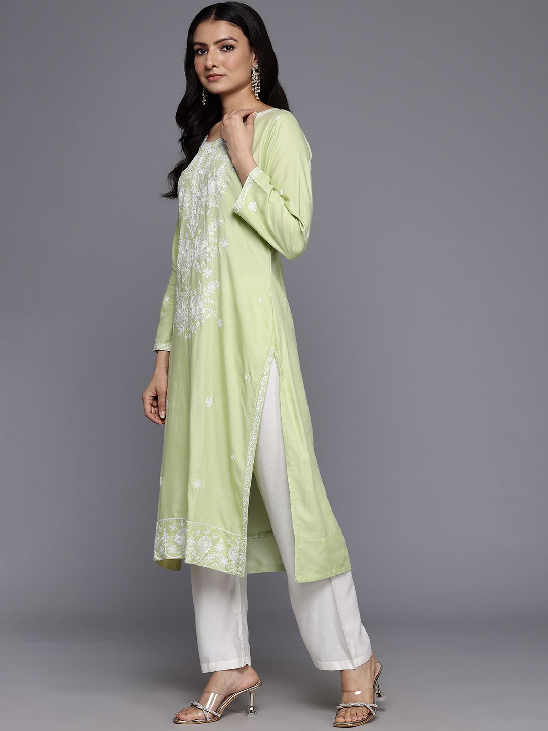 Varanga Floral Embroidered Chikankari Kurta With Trousers & Dupatta