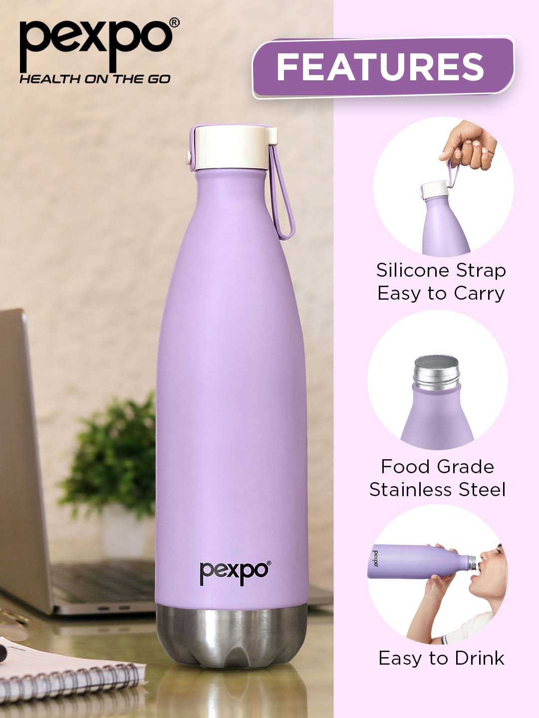 Pexpo Espresso Orchid Purple ISI Certified Thermosteel Hot & Cold Flask -500 ml