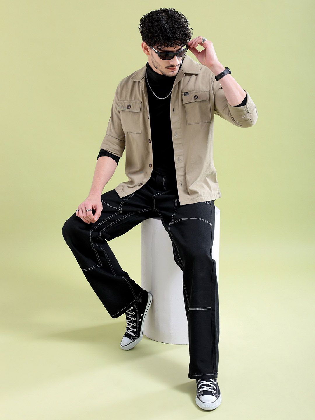 The Indian Garage Co Men Khaki & Black Typography Print Back Slim Fit Cotton Casual Shirt