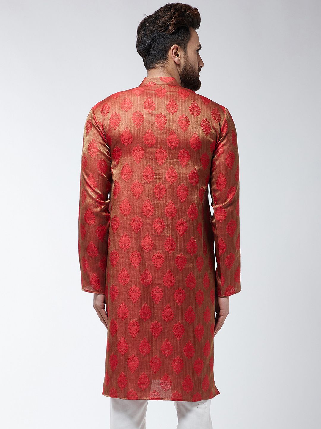SOJANYA Kurta Lurus Bersulam Merah & Beige Lelaki
