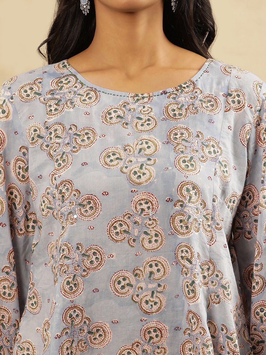 W Round Neck Floral Printed Cotton Peplum Top