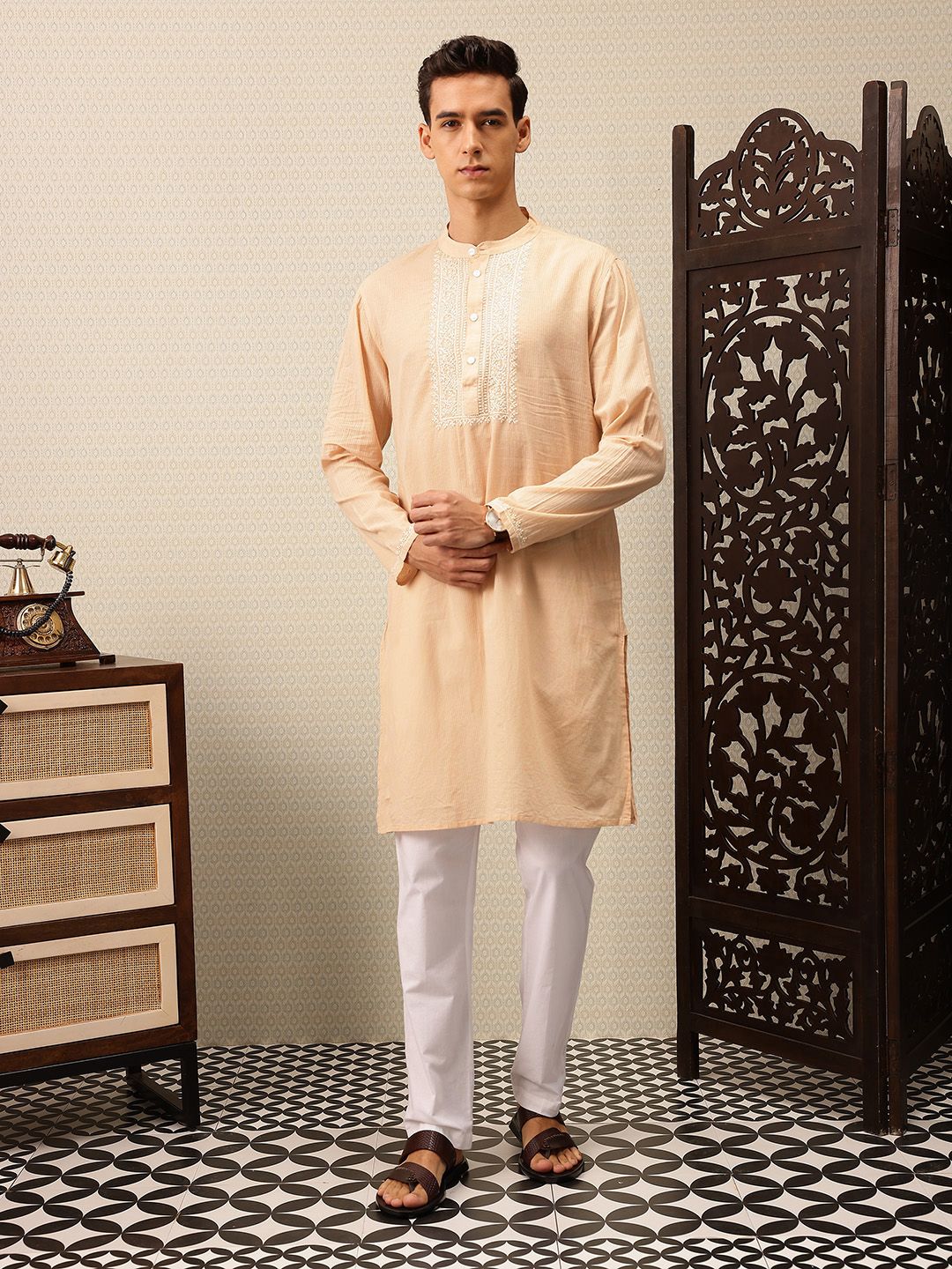 House of Pataudi Striped & Embroidered Jashn Kurta
