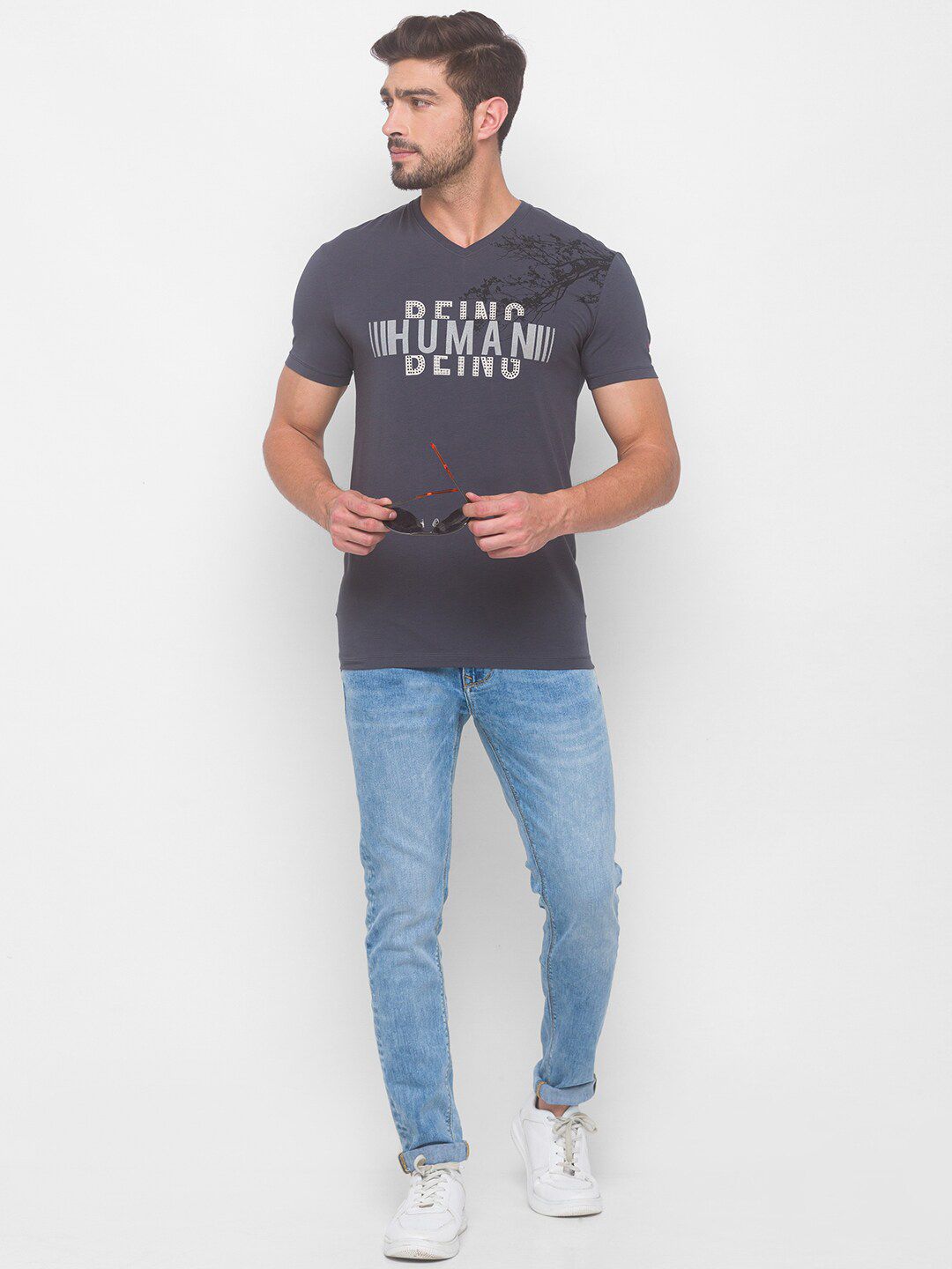 Being Human Men Grey & White Being Human Printed V-Neck T-shirt