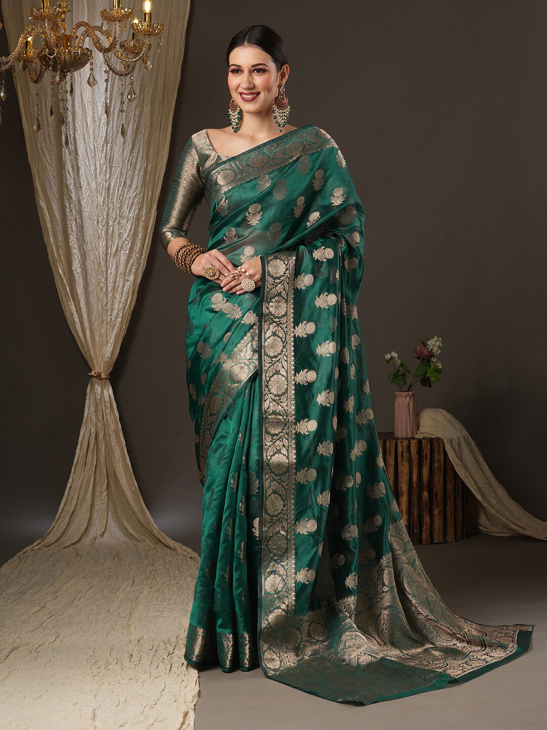 Saree mall Teal Green & Gold-Toned Woven Design Zari Organza Bagh Sarees