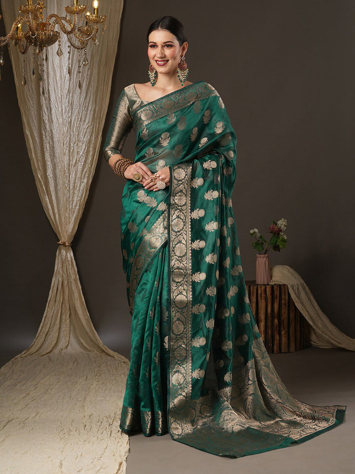 Saree mall Teal Green & Gold-Toned Woven Design Zari Organza Bagh Sarees