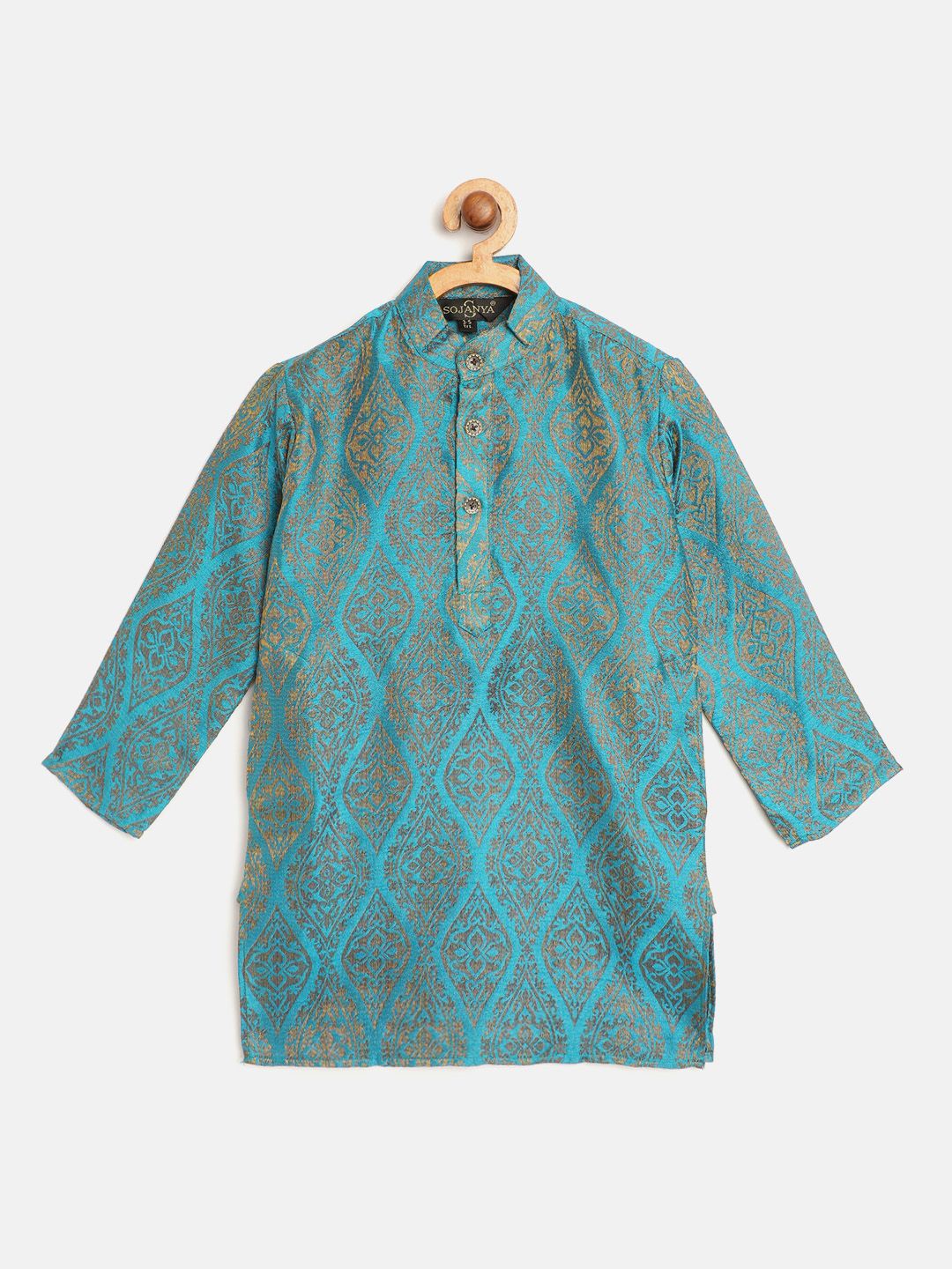 SOJANYA Boys Blue & Beige Ethnic Motifs Woven Design Jacquard Weave Band Collar Kurta
