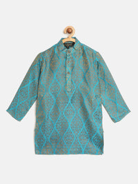 SOJANYA Lelaki Biru & Kuning Motif Etnik Rekaan Tenunan Jacquard Tenunan Kolar Jalur Kurta