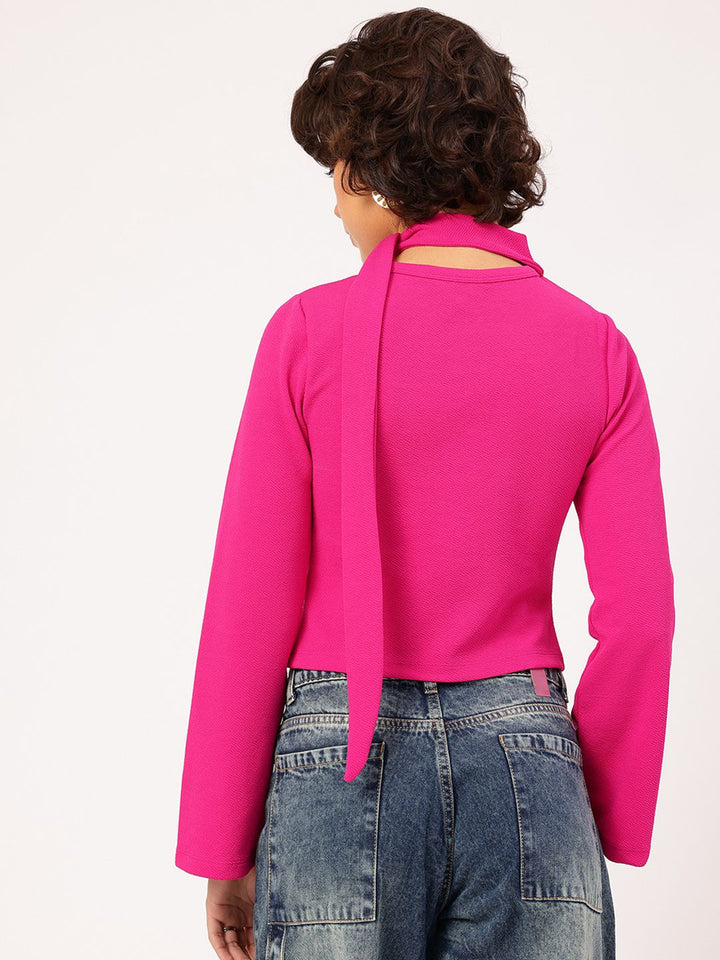 DressBerry Textured Motion Button Detail Scarf Neck Crop Top