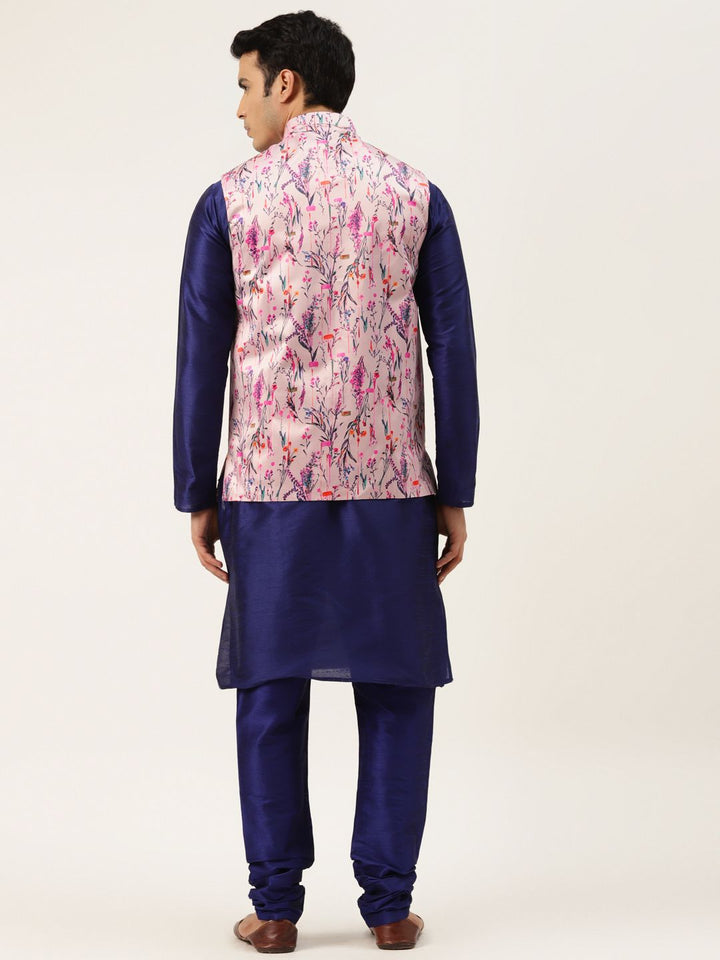 SOJANYA Men Navy Blue Kurta with Churidar & Nehru Jacket