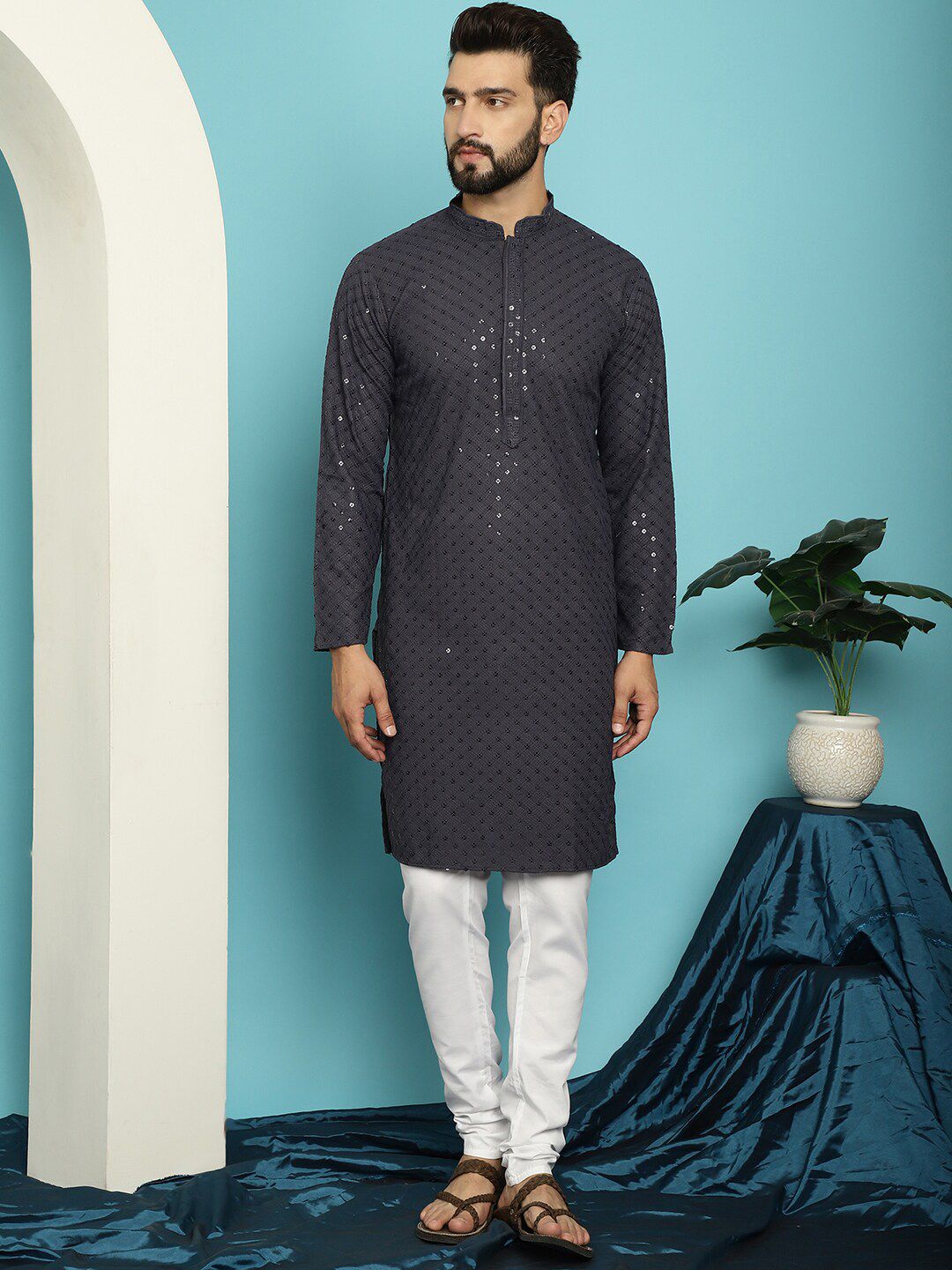 SOJANYA Embroidered Sequinned Pure Cotton Kurta with Pyjama Set