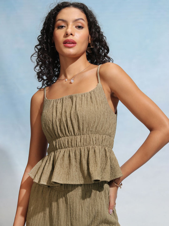 Tokyo Talkies Brown Striped Shoulder Straps Peplum Top With Trousers