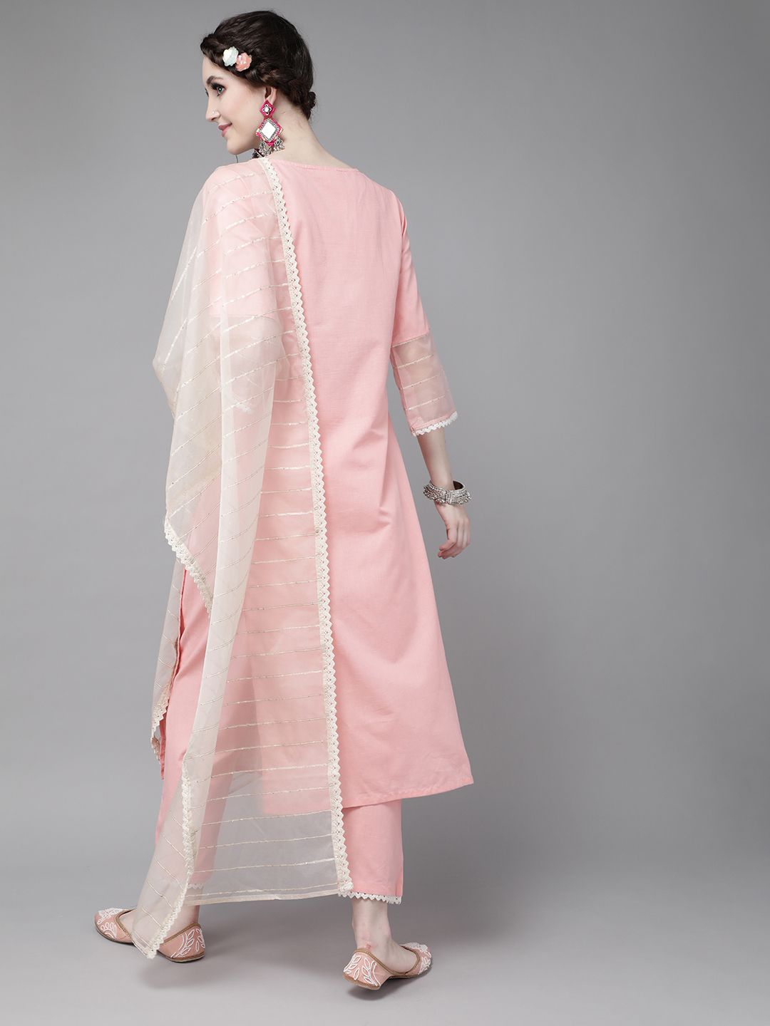 Indo Era Women Pink Pure Cotton Ethnic Motifs Sequinned Kurta with Trousers & Dupatta