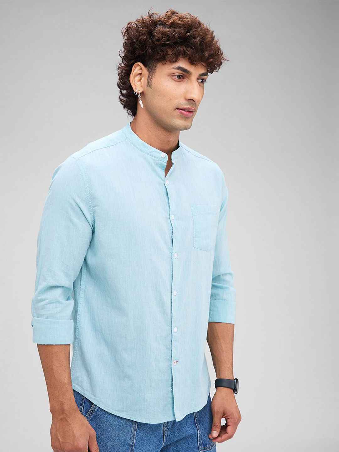 VASTRADO Classic Slim Fit Mandarin Collar Cotton Casual Shirt