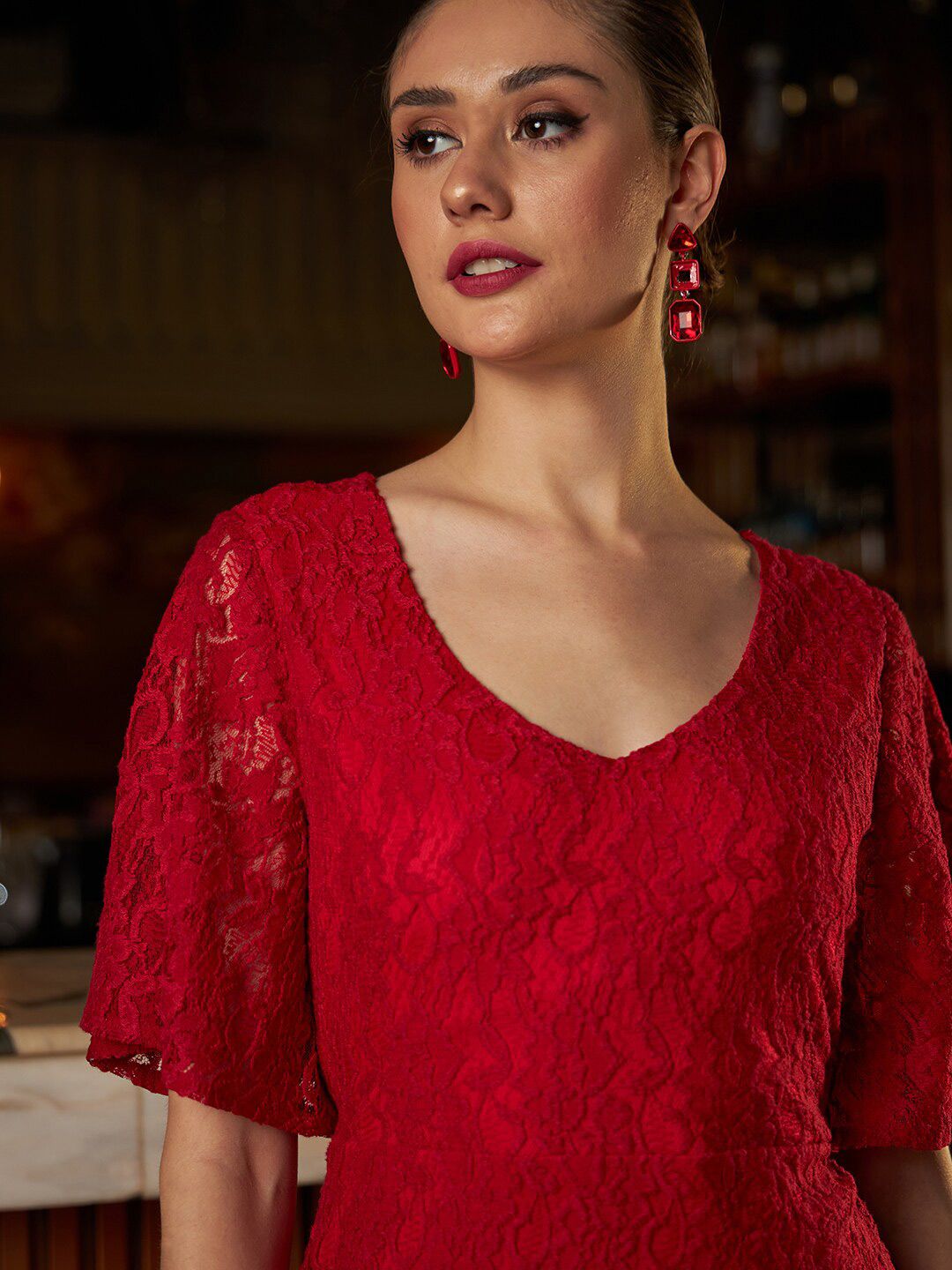 Athena Self Design Bell Sleeves Lace A-Line Dress
