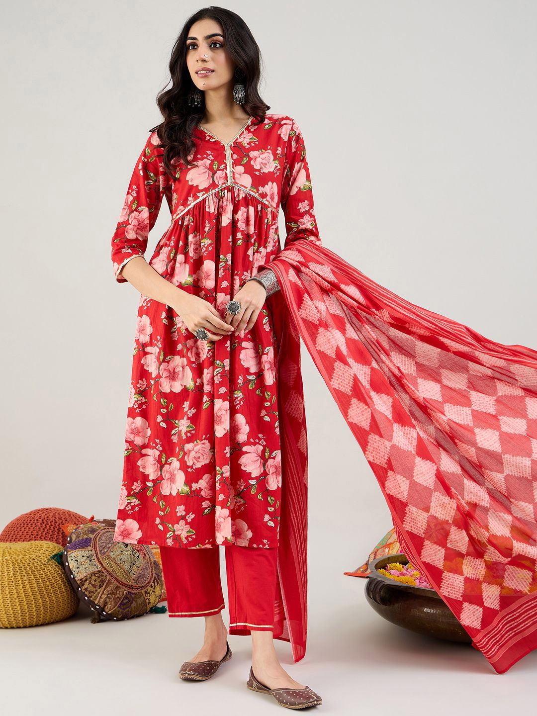 Indo Era Floral Printed Empire Gotta Patti Pure Cotton Kurta & Trousers & Dupatta