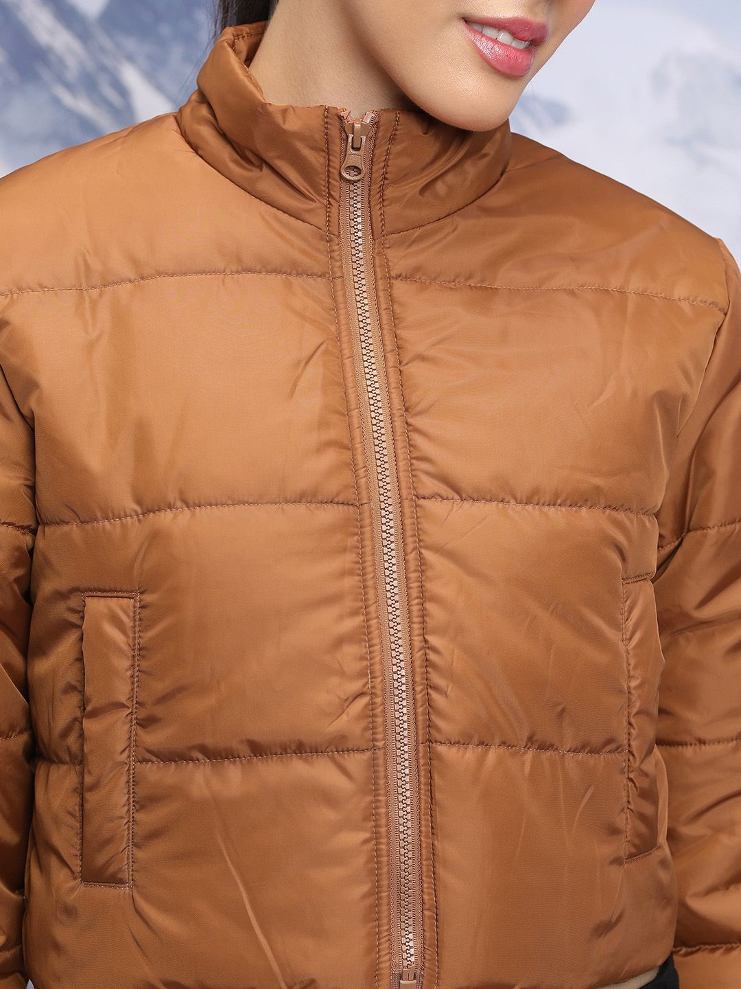 Tokyo Talkies Brown Mock Collar Crop Padded Jacket