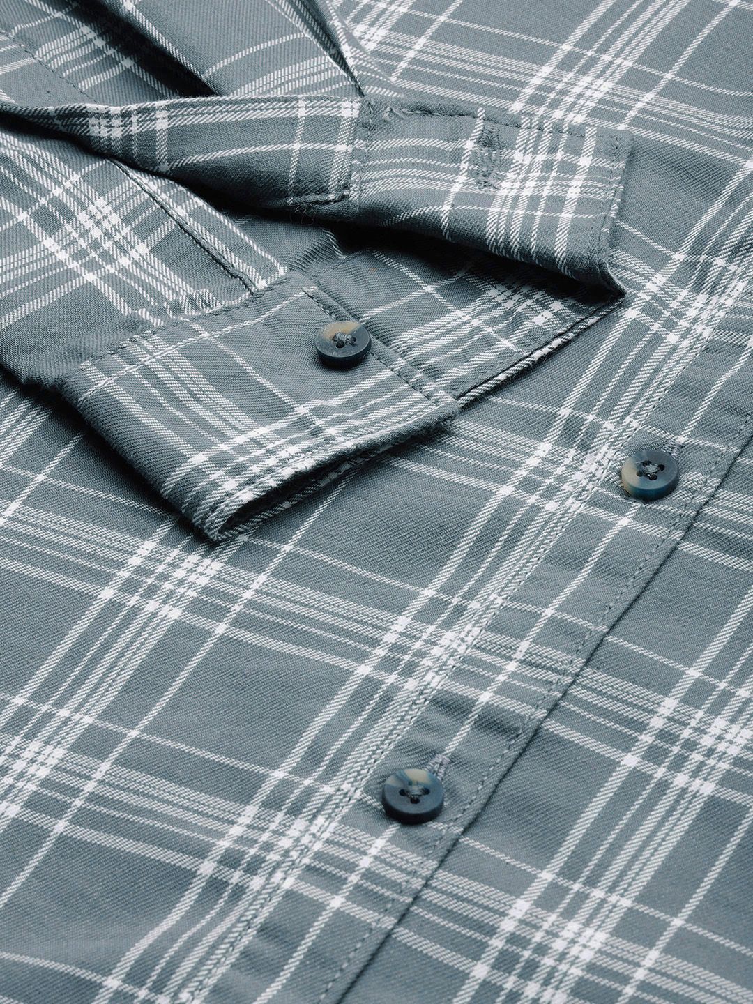 The Indian Garage Co Men Grey & White Checked Cotton Casual Shirt