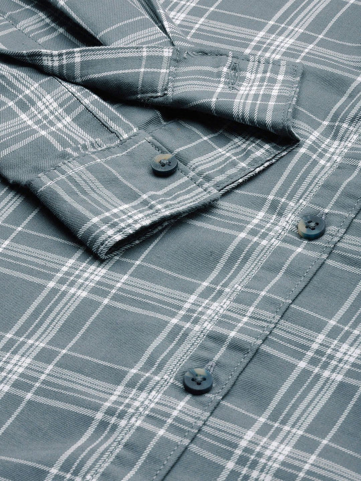 The Indian Garage Co Men Grey & White Checked Cotton Casual Shirt