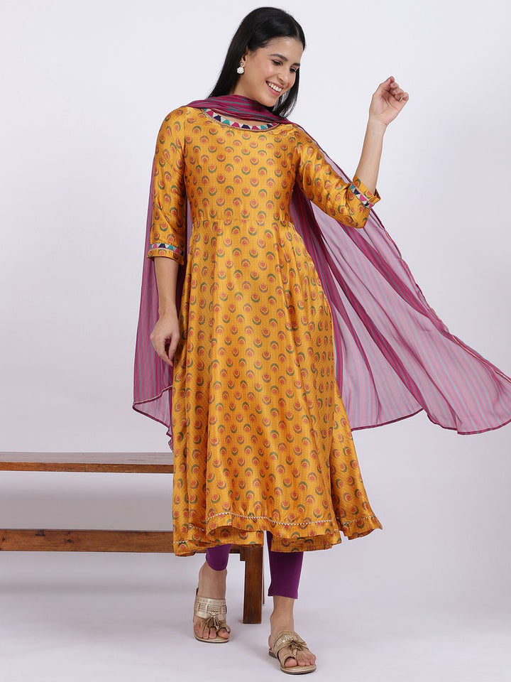 W Yellow Ethnic Motifs Printed Regular Sequinned Kurta With Leggings And Dupatta
