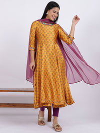 W Yellow Ethnic Motifs Printed Regular Sequinned Kurta With Leggings And Dupatta
