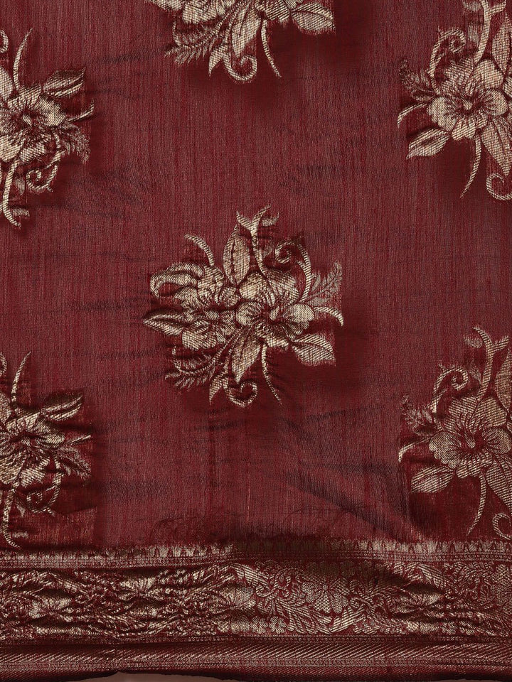 Saree mall Maroon Floral Linen Blend Banarasi Saree