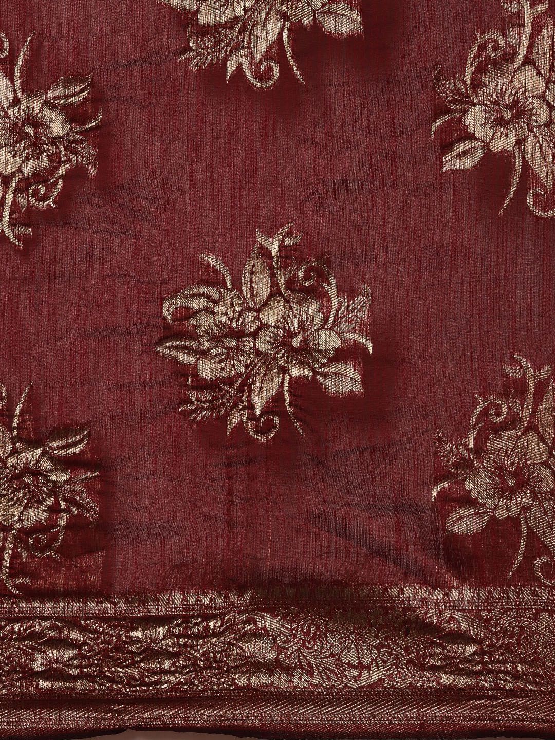 Saree mall Maroon Floral Linen Blend Banarasi Saree