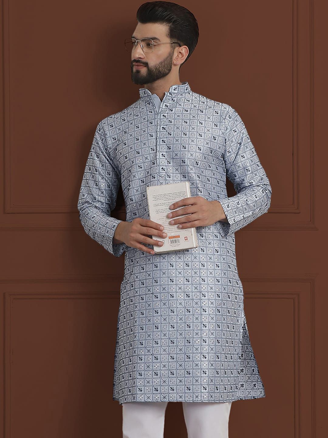 SOJANYA LUXE Sulam Bunga Labuci Mandarin Kolar Kapas Kurta Lurus Sutera