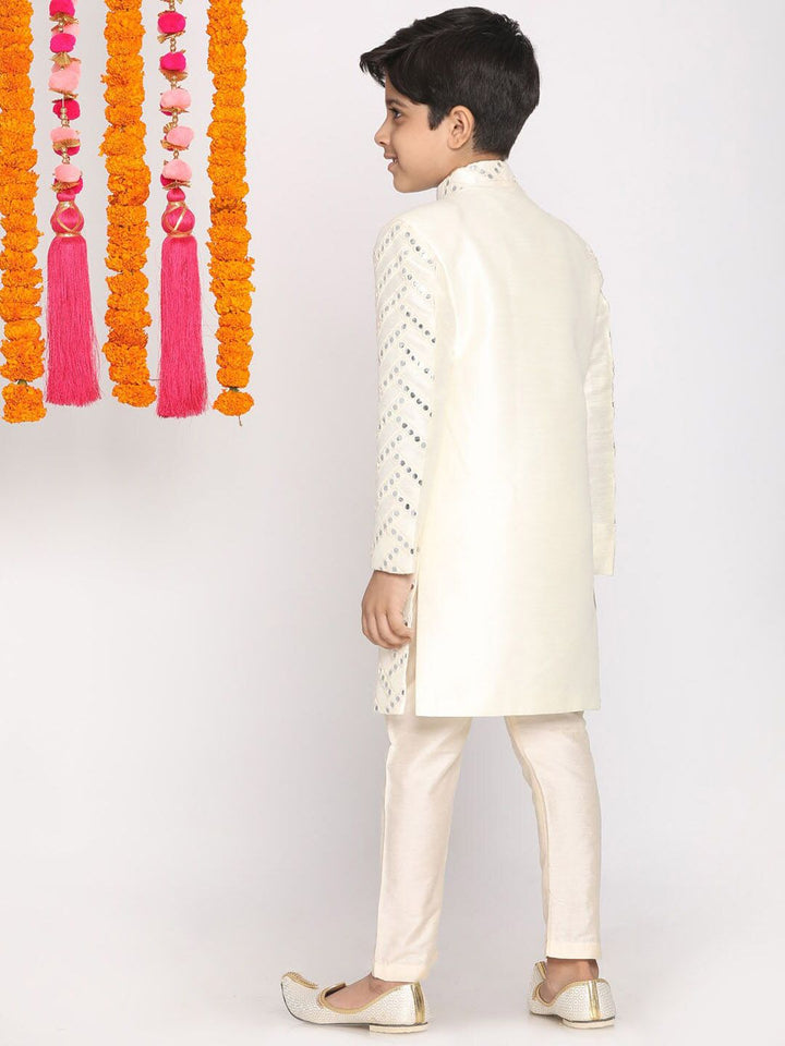 VASTRAMAY Boys Embroidered Mirror Work Sherwani With Trousers