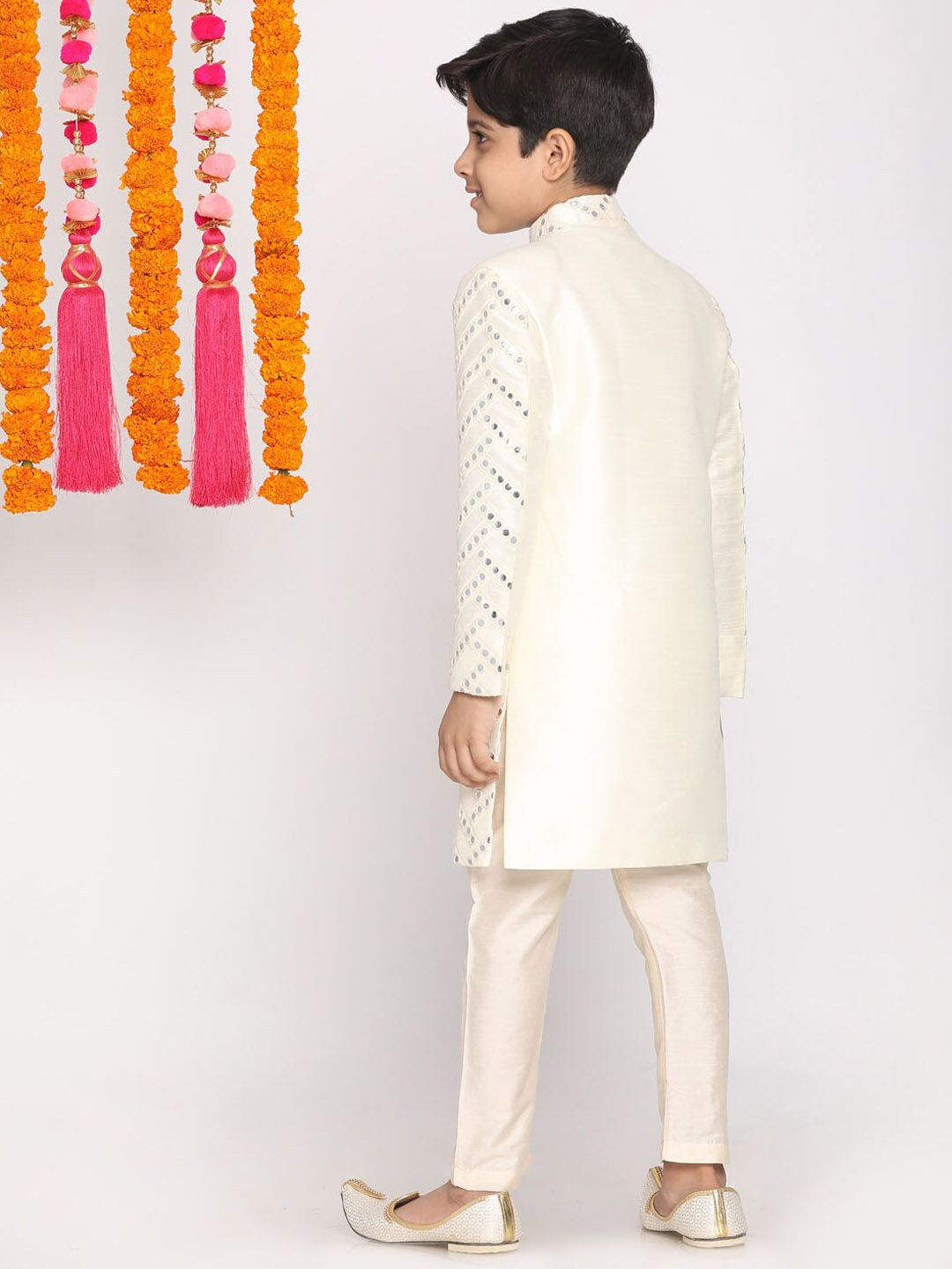 VASTRAMAY Boys Embroidered Mirror Work Sherwani With Trousers